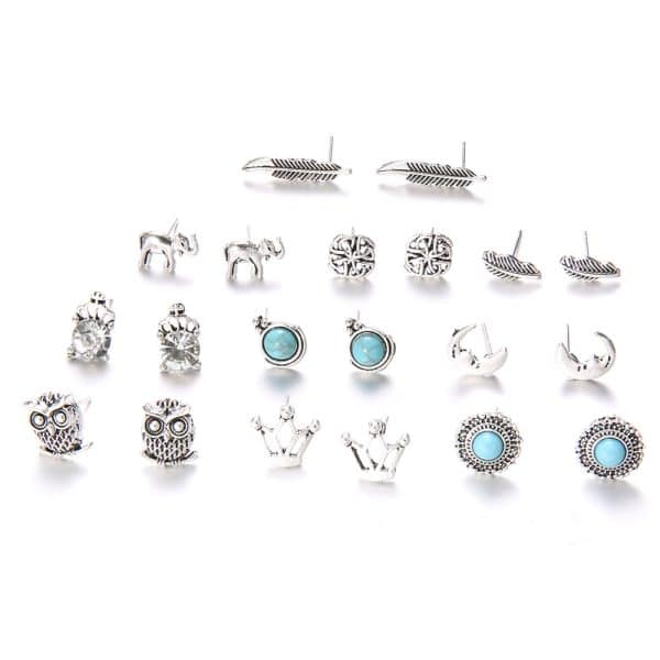 Crown Diamond Elephant Leaf Owl 10 Pair Set Earrings