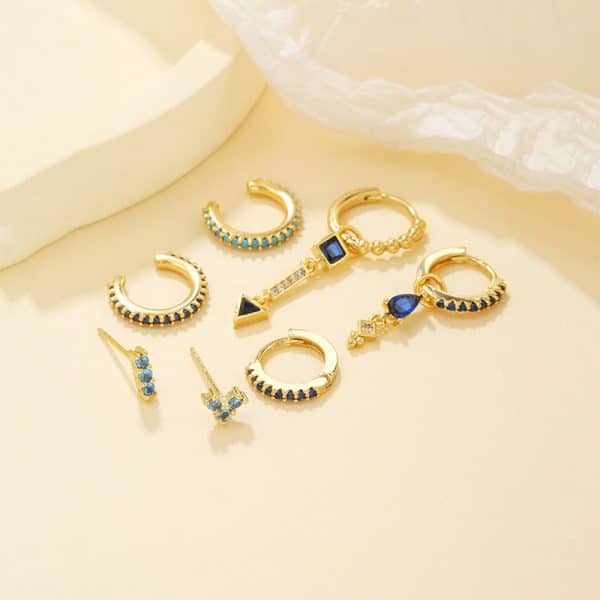 Geometric Water Drop Ink Blue Zircon Earrings 7-piece Set