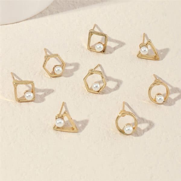 Personality Creative Geometric Ear Jewelry Round Square Pearl Earring Set