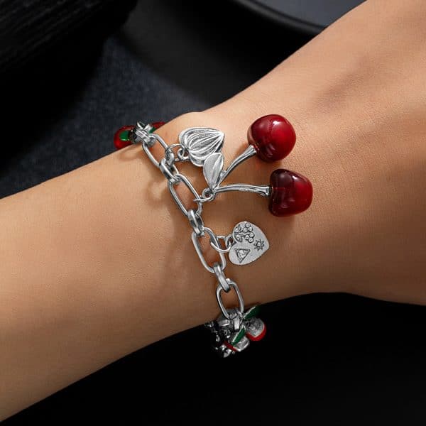 Cherry Alloy Peach Heart Bow Pendant Adjustable Bracelet