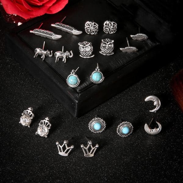 Crown Diamond Elephant Leaf Owl 10 Pair Set Earrings