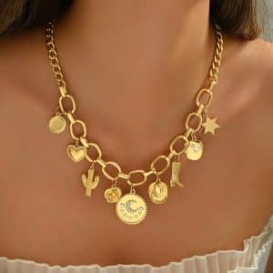 Geometric Heart-shaped Curved Moon Design Pendant Diamond Inlaid Clavicle Chain Versatile