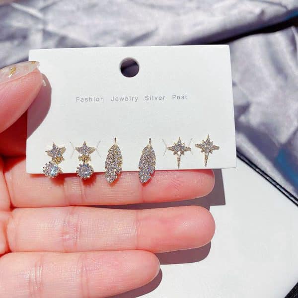 6-piece Set Of Simple Leaves Five-pointed Star Earrings