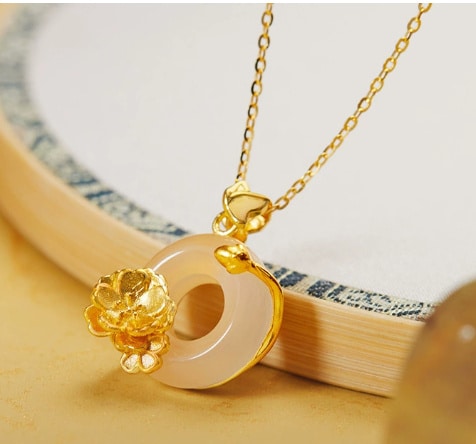 White Chalcedony Peace Buckle Peach Blossom Pendant Sterling Silver Necklace