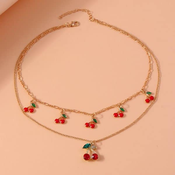 New Cute Sweet Double Layer Cherry Necklace