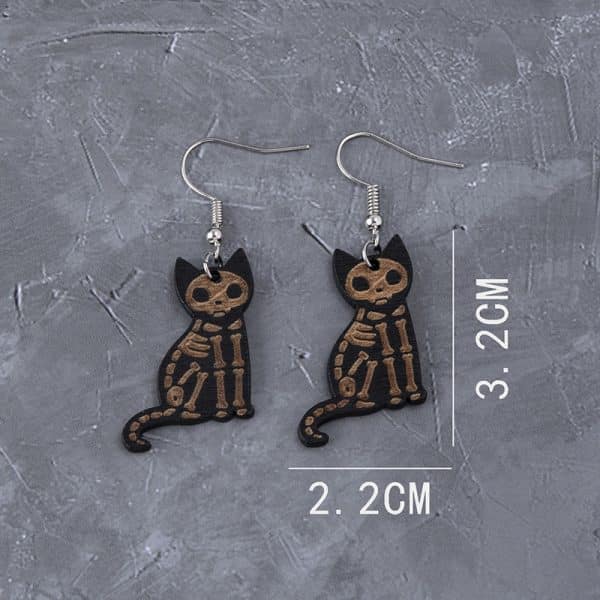 Wooden Black Skeleton Cat Drop Earrings