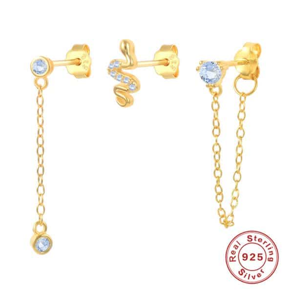 S925 Sterling Silver Snake Chain Set Diamond Stud Earrings
