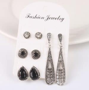 New Bohemian Black Diamond Long Vintage Zircon 4 Pair Stud Earrings Set Combination