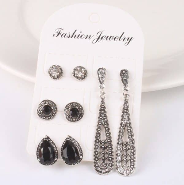 New Bohemian Black Diamond Long Vintage Zircon 4 Pair Stud Earrings Set Combination