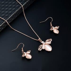Simple Style Alloy Inlaid Zircon Necklace Earrings Opal Jewelry Two-piece Set