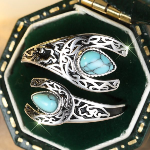 Bilateral Water Drop Turquoise Smear Fashion Carved Adjustable Ring