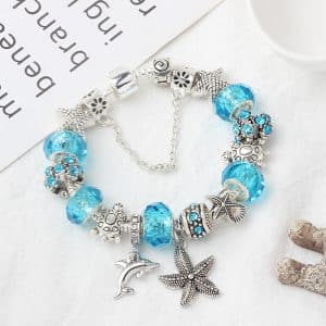 Blue Ocean Dolphin Starfish Pendant Beaded Bracelet