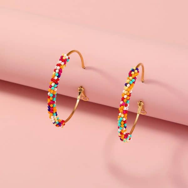 Bohemian Ethnic Style Multicolor Rice Beads Exaggerated Golden Large Circle Earrings