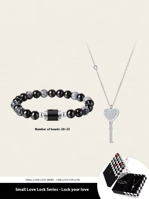Black Agate Bracelet Small Love Lock Couple Necklace Bracelet