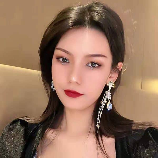 Asymmetrical Earrings Female Snowflake Drop Pearl Tassel Earrings