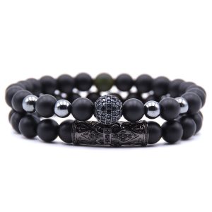 Amazon Source 8mm Black Frosted Stone Micro-Inlaid Zircon Bracelet Natural Stone Stone Set Elastic Bracelet