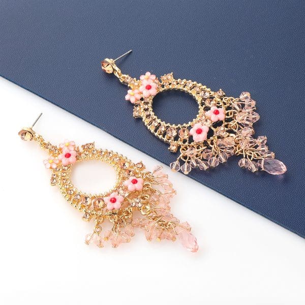 Alloy Acrylic Floral Earrings With Diamond Set Tassel