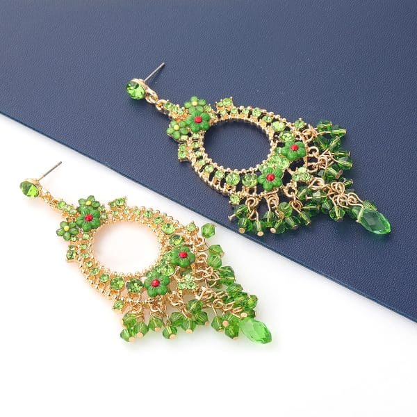 Alloy Acrylic Floral Earrings With Diamond Set Tassel