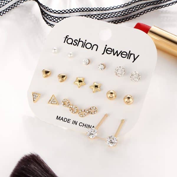 Zircon earrings set with 9 pairs of earrings set with crystal heart triangle diamond set