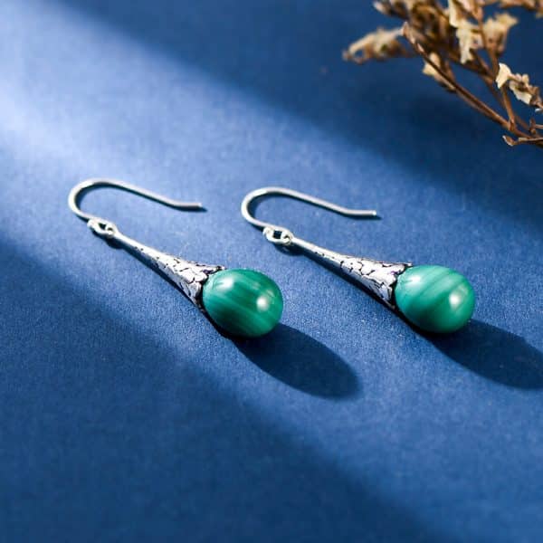 Women's Fashion Elegant Silver Malachite Drop Earrings