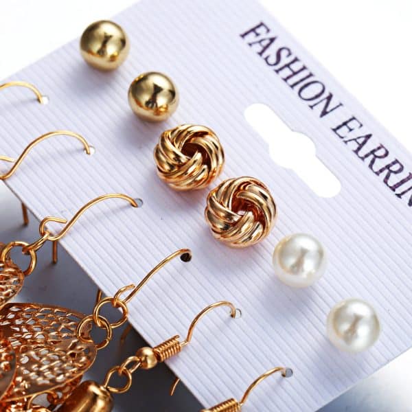 6 pairs of plate pearl earrings set hollow leaf woven earrings