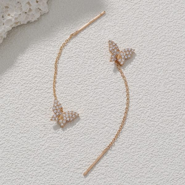 Butterfly Copper Micro Set Zircon Tassel Ear Line Femininity Senior Sense Long Tassel Face Thin Delicate Earrings