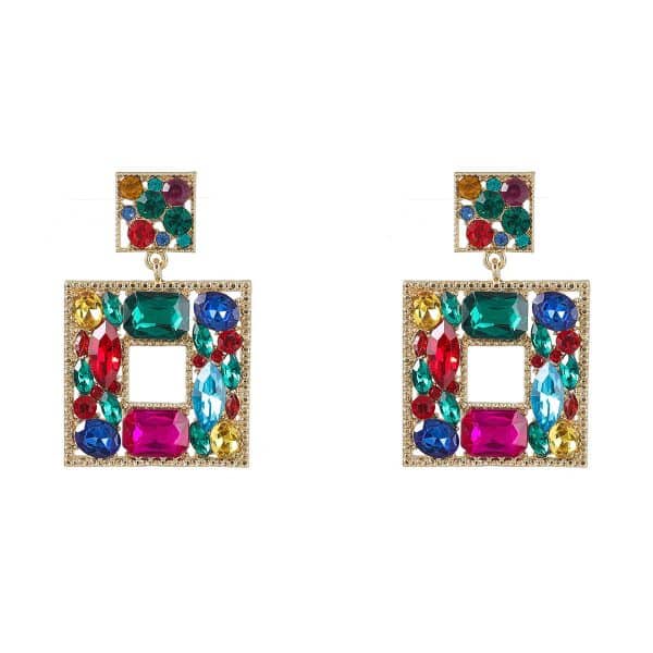 Multi-layered Square Alloy Diamond-set Glass Diamond Geometric Earrings