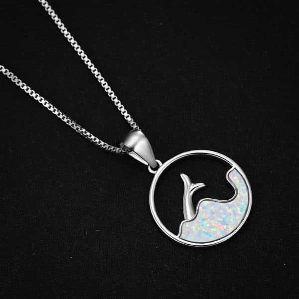 White Gold Round Blue Opal Sea Fishtail Necklace