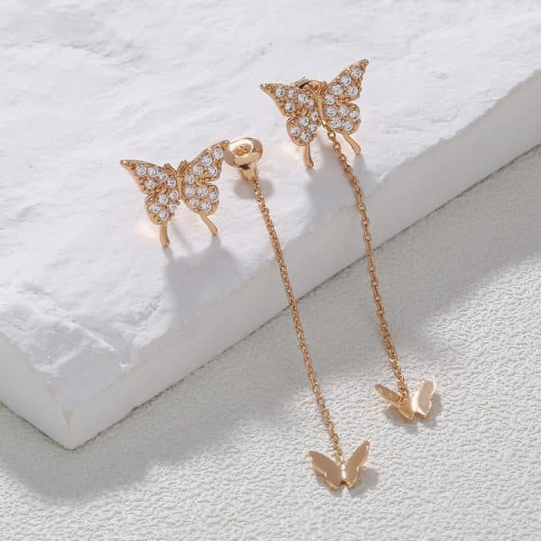 Butterfly Copper Micro Set Zircon Tassel Ear Line Femininity Senior Sense Long Tassel Face Thin Delicate Earrings