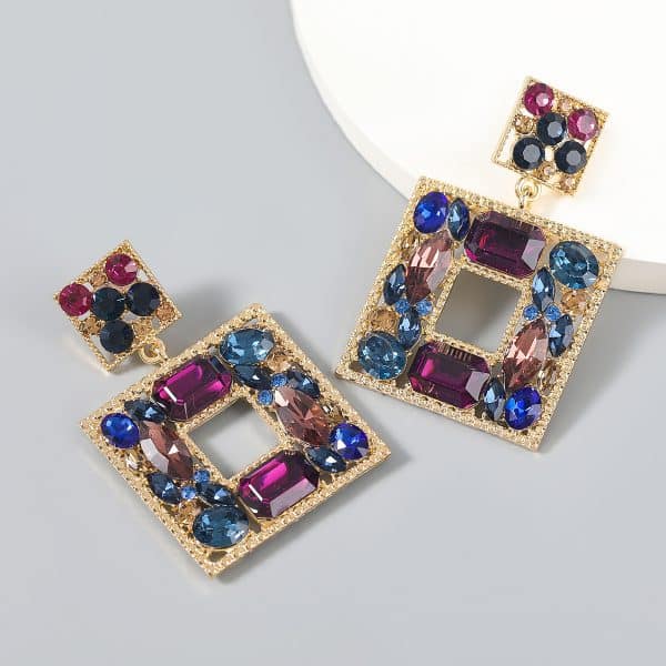 Multi-layered Square Alloy Diamond-set Glass Diamond Geometric Earrings