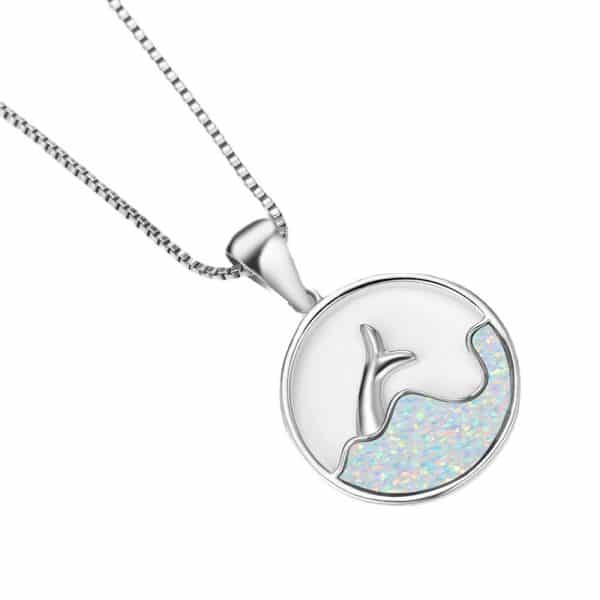 White Gold Round Blue Opal Sea Fishtail Necklace