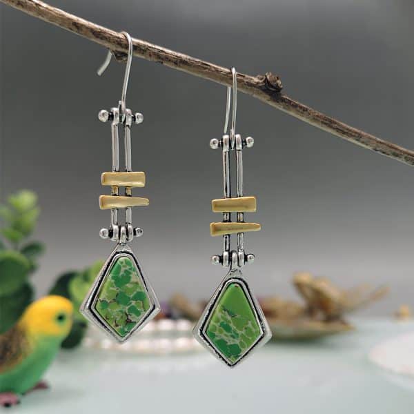Vintage Geometric Long Turquoise Moonstone Drop Earrings