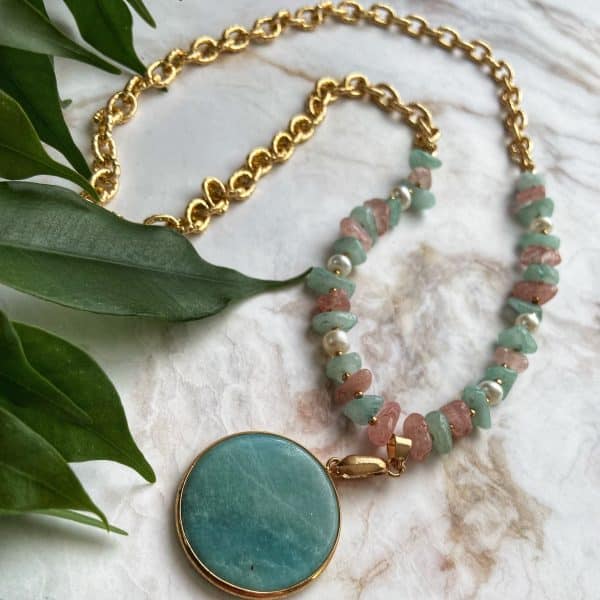 Natural Stone Gem Amazonite Round Pendant Handmade Craft DIY