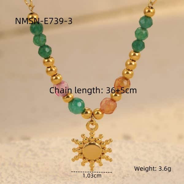 Titanium Steel Sun Cross Pendant Beaded Necklace