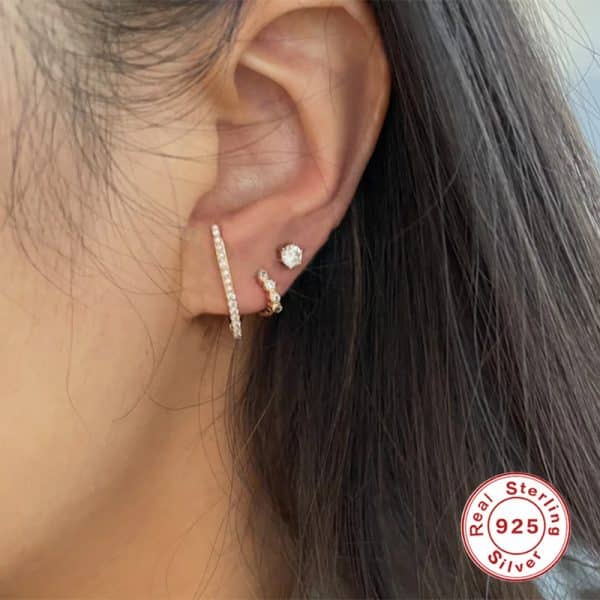 S925 Sterling Silver Layered C- Shaped Pave Claw Set Double Earrings