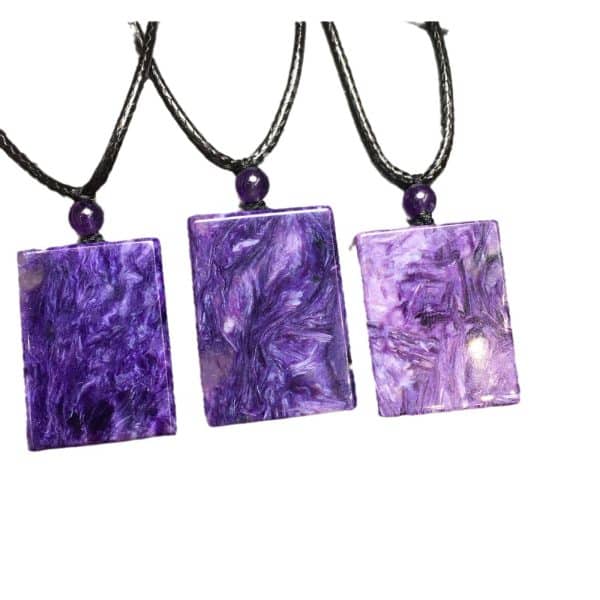 Natural Charoite Square Plate Pendant With Leather Rope