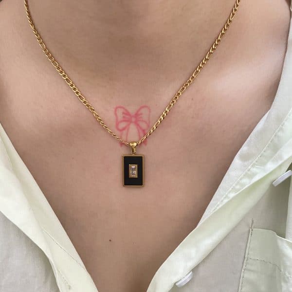 Vintage 18K Gold Plated Titanium Square Shell Zircon Necklace Jewelry Set