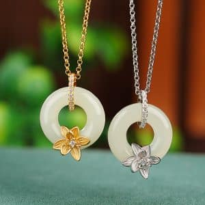 S925 Sterling Silver Gold Plated Hetian Jade Flower Peace Buckle Set Chain Simple Retro
