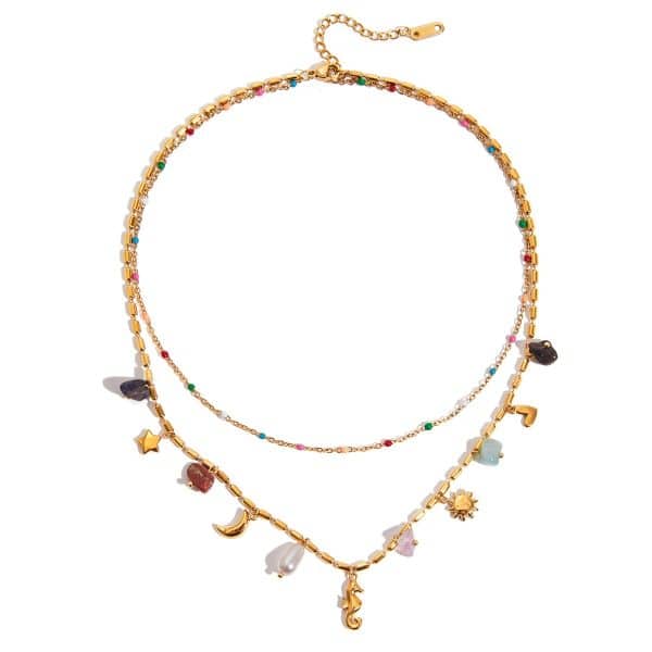Vintage Bohemian Style Natural Gravel Double-layer Accessories Hippo Pendant Twin Necklace