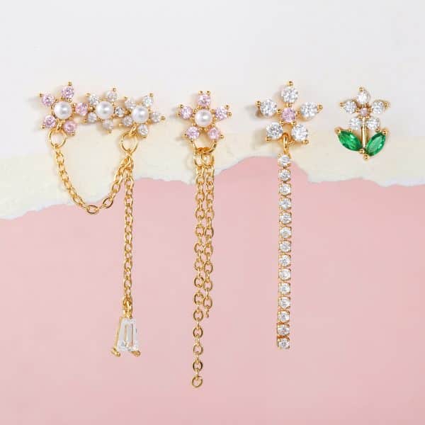Flower Chain Stud Earrings Set Of Five