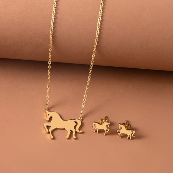 Stainless Steel Gold Silver Unicorn Horse Necklace Earrings Jewelry Set