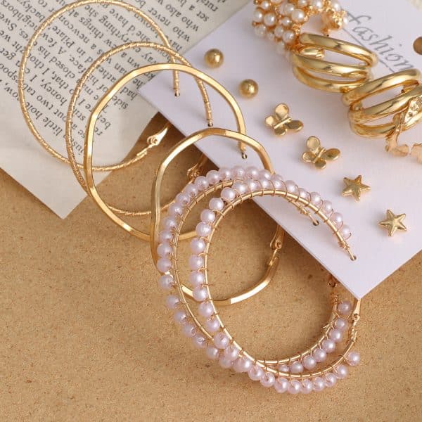 Vintage Diamond-Studded Pearl Earrings Set 9 Pairs