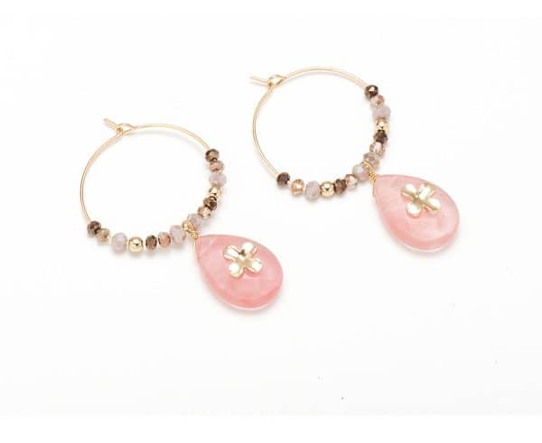 Women Fashion Natural Stone Hoop Earrings With Pink Waterdrop Stone