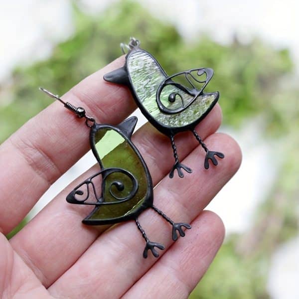 Unique Green Bird Drop Earrings Cute