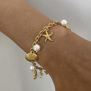 Women's Stainless Steel 18K Dold Pearl Shell Pendant Bracelet