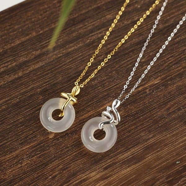 Women's Sterling Silver Snake White Jade Necklace