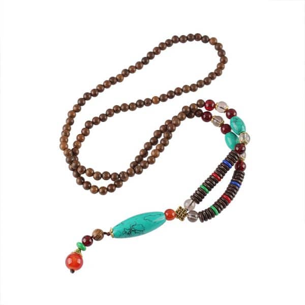 Chicken Wings Wooden Prayer Beads Long Men's Necklace Imitation Turquoise Pendant Wooden Bead