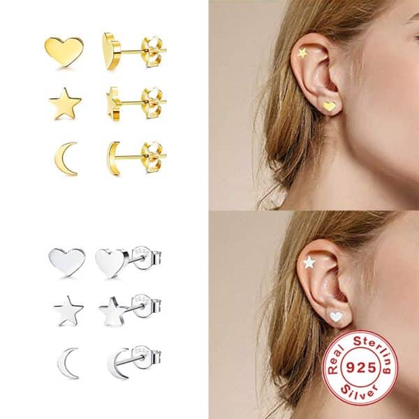 S925 Sterling Silver Compact Mini Geometric Heart-shaped Star Moon Set Ear Studs