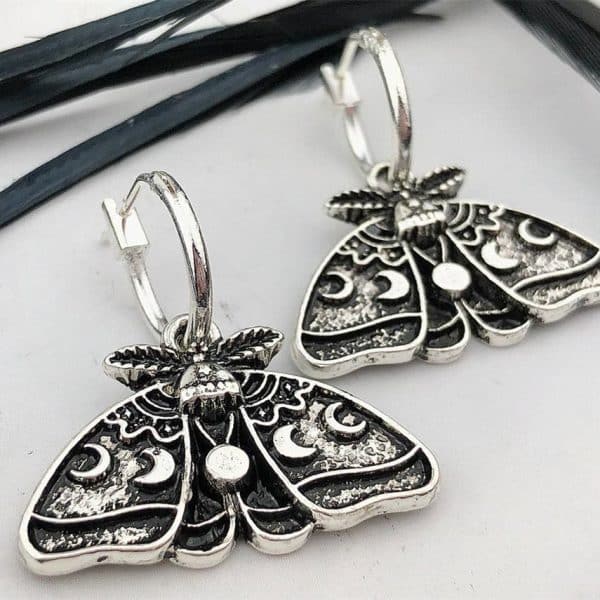 Women's Silver Sun Moon Moth Drop Earrings