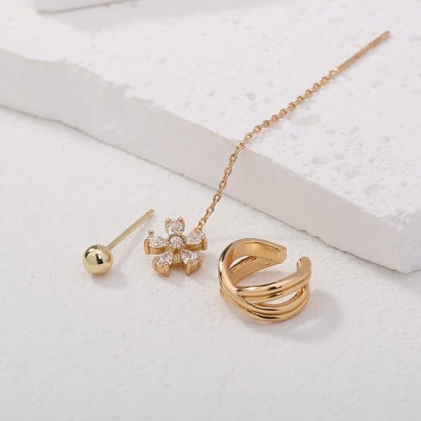Gold Fashion Personality Small Irregular Flower Pin Three-piece Set Of Copper Micro-inlaid Zircon Earrings